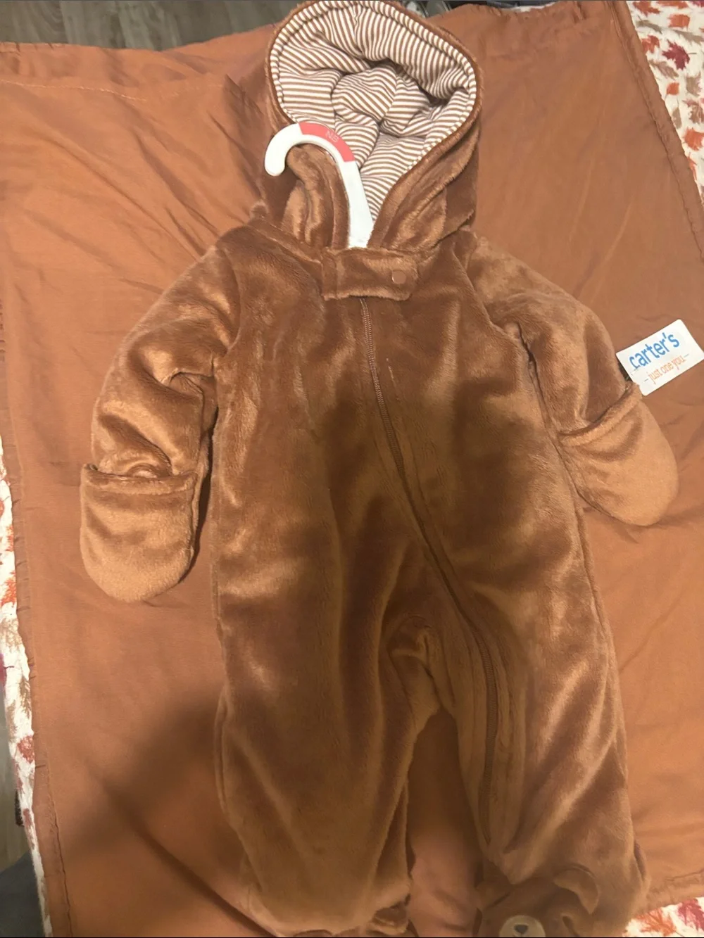 Carter's Plush Brown Hooded Baby Bunting with Striped Lining